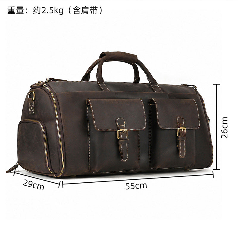 Genuine Leather Foldable Suit Travel Duffle, Multifunctional Garment Bag with Wet-Dry Compartments, Perfect Gym Weekender for Men and Women