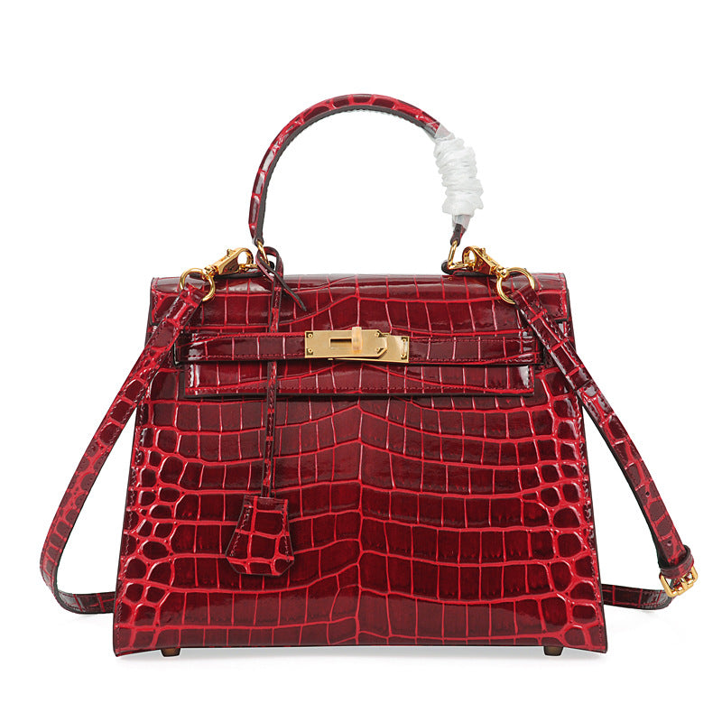 Light Luxury Women's Genuine Leather Kelly Style Small Handbag Crossbody Shoulder Bag with Crocodile Embossed Trendy New Design