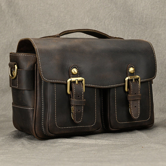 New Crazy Horse Leather Vintage Camera Bag, DSLR Crossbody Shoulder Case with Lens Guard, European Style Outdoor Photography Bag for Photographers