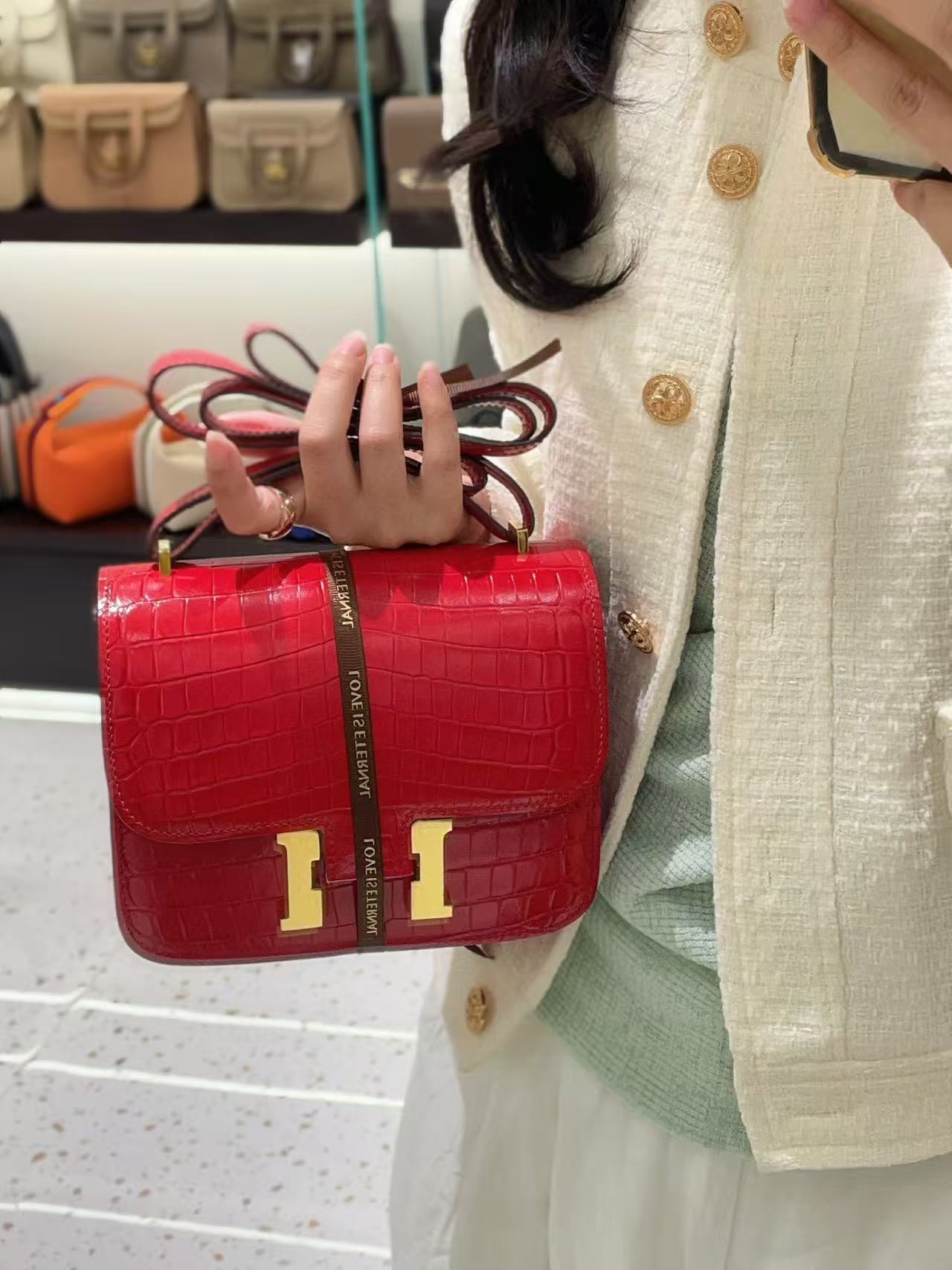 Genuine Leather Crocodile-Embossed Constance-Style Bag for Women, New Flight Attendant Small Square Crossbody Shoulder Purse, Versatile Fashionable Trendy Handbag for Ladies