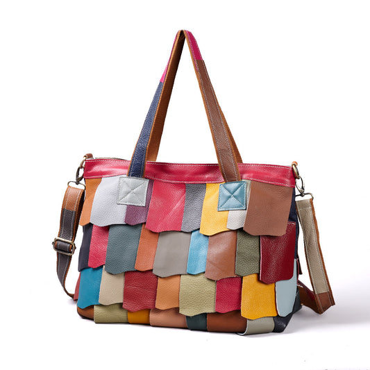 Genuine Leather Slouchy Large Capacity Tote Bag for Women, New Fashionable Patchwork Color Block Shoulder Crossbody Purse, Versatile Casual Handbag for Ladies