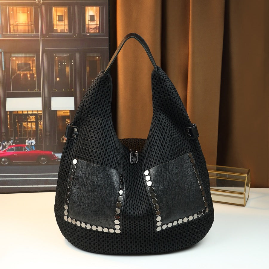 Soft Leather Patchwork Studded Underarm Bag for Women Large Capacity Commuter Shoulder Handbag, Trendy Personality Purse with Edgy Hardware
