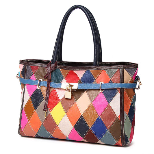 Genuine Top Layer Cowhide Color Block Handbag for Women, Vintage Platinum-Style Crossbody Top Handle Purse, New Arrival Designer Shoulder Bag