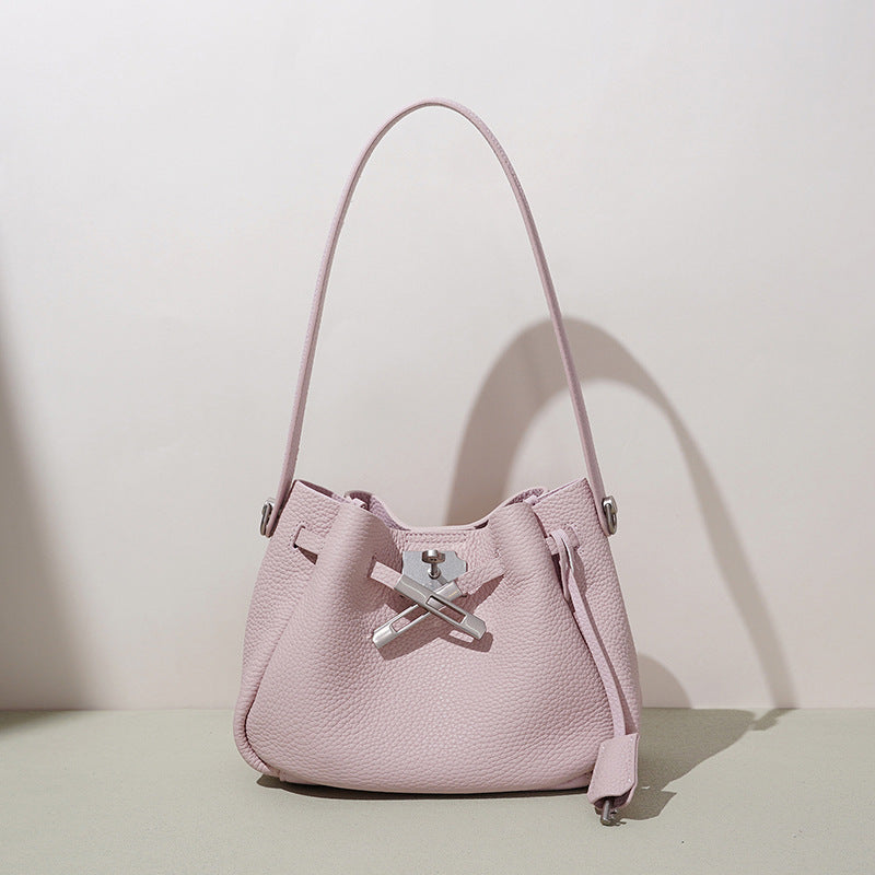 Genuine Pebbled Soft Leather Bucket Bag for Women, Relaxed Versatile Underarm Shoulder Crossbody Purse, Spring Summer Premium Niche Handbag for Ladies