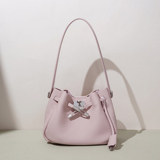 Genuine Pebbled Soft Leather Bucket Bag for Women, Relaxed Versatile Underarm Shoulder Crossbody Purse, Spring Summer Premium Niche Handbag for Ladies