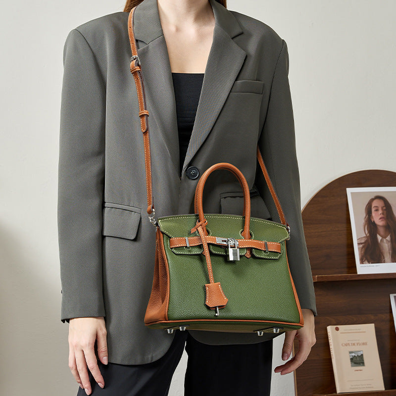 Unique Premium Genuine Leather Crossbody Tote Handbag for Women, Top-Layer Cowhide with Contrast Color Design, Versatile Commuter Bag Inspired by Iconic Turn-Lock Style