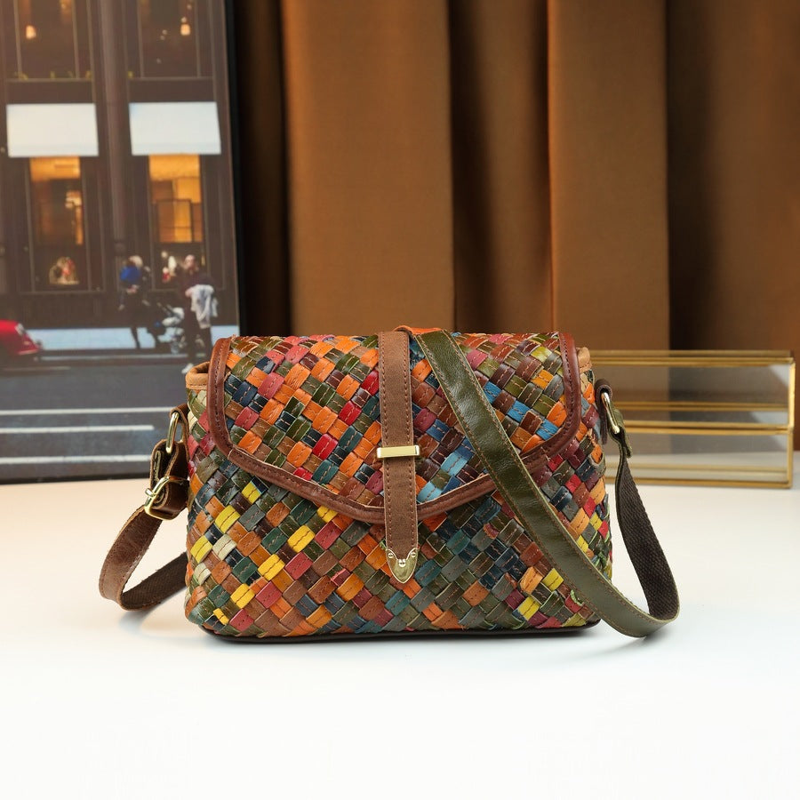 Genuine Leather Woven Mini Square Bag for Women Random Color Patchwork Shoulder Crossbody Purse, Versatile Fall Winter Handbag with Artisan Charm