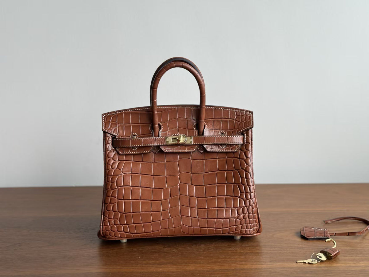 Genuine Leather Tote Bag for Women, Hermès-Inspired Birkin-Style Handbag with Crocodile-Embossed Finish, Top-Grain Cowhide Leather, Hand-Stitched Craftsmanship, Available in 25cm and 30cm, Luxury Everyday Carry Purse