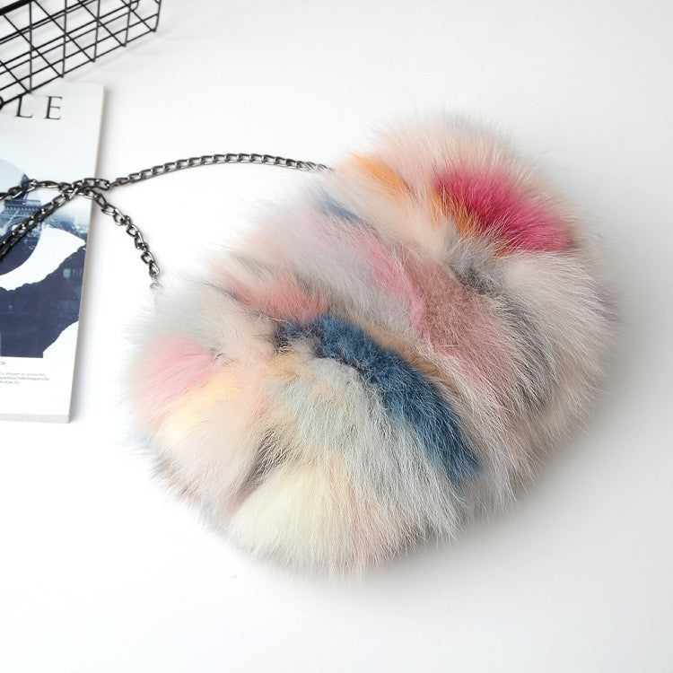 Women's New Fox Fur Chain Bag, Solid Color Shoulder Crossbody Purse with Chain Strap, Trendy Faux Fur Handbag with Fluffy Texture