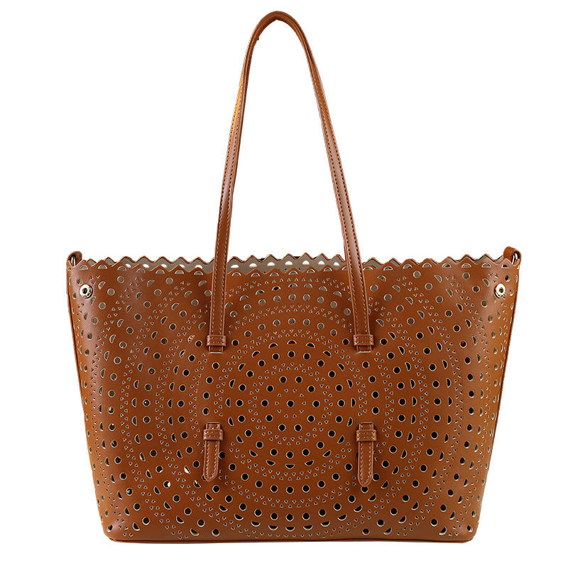 Laser Perforated Letter Tote Bag for Women Vintage Large Capacity Shoulder Crossbody Handbag, Artistic Hollow Carved Design with Versatile Style