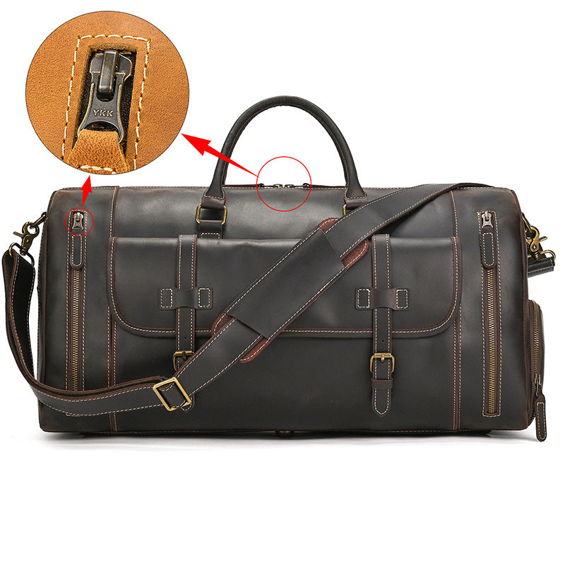 Large Capacity Crazy Horse Leather Travel Duffle with Shoe Compartment, Top Handle Shoulder Crossbody Luggage Bag for Men