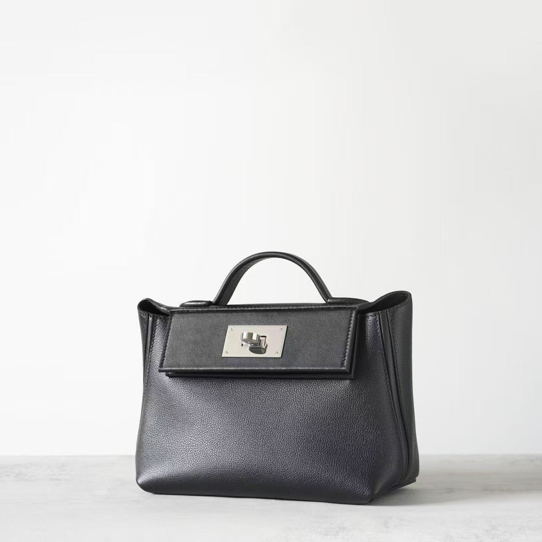 Genuine Leather Mini Kelly-Style 2424 Bag for Women, Semi-Handmade Shoulder Crossbody Top Handle Purse, Premium Full Steel Hardware Handbag for Ladies