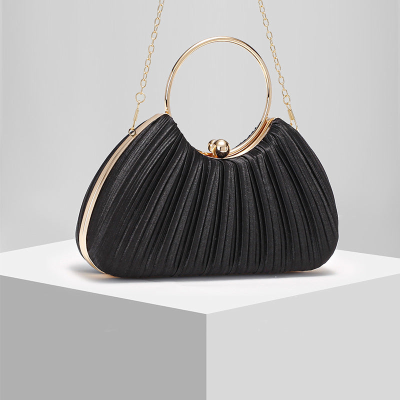 Satin Pleated Evening Clutch for Women, New Ring Top Handle Formal Gown Bag, Elegant Prom Party Handbag for Ladies