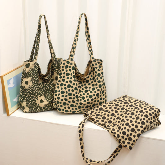 Korean Style Floral Print Canvas Tote Bag for Women Large Capacity Casual Shoulder Purse, Lightweight Patterned Carryall with Vintage-Inspired Design