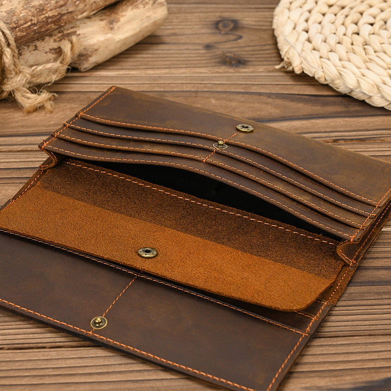 Crazy Horse Leather Multi-Card Long Wallet, Bestseller Phone Clutch with Coin Pocket, Top Layer Cowhide Money Holder for Men