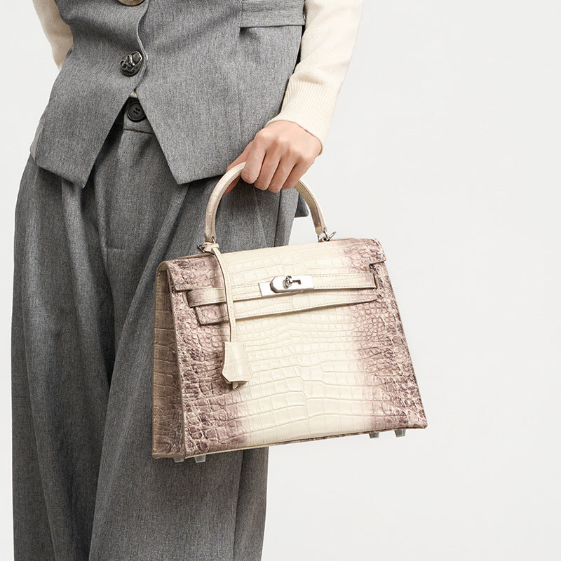 New Arrival Kelly-Inspired Croc-Effect Genuine Leather Bag for Women, A Premium Top-Layer Cowhide Crossbody Shoulder Top-Handle Handbag, Perfect Gift Choice
