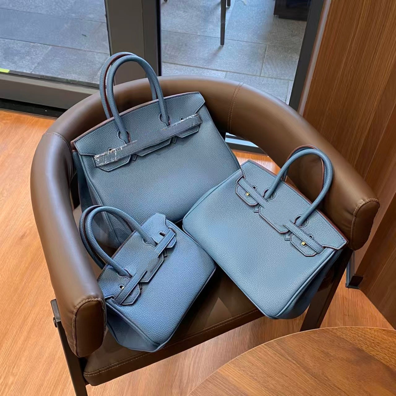 Genuine Togo Top Layer Cowhide Birkin-Style Bag with Waxed Thread Stitching, Full Steel Hardware Lock Top Handle Handmade Purse, Premium Leather Bag for Ladies