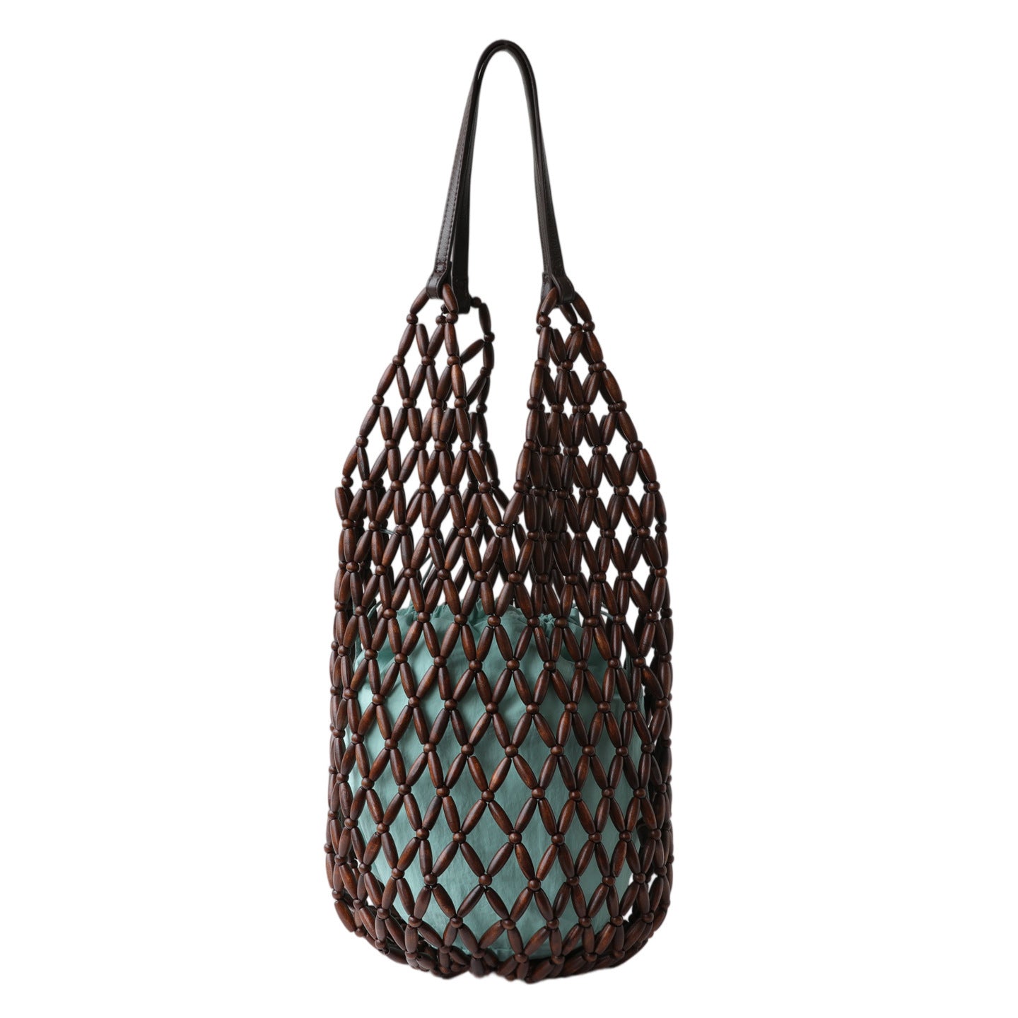 Wooden Bead Handwoven Underarm Bag for Women Cowhide Leather Shoulder Handbag, Artistic Resort Style Purse with Hollow Design