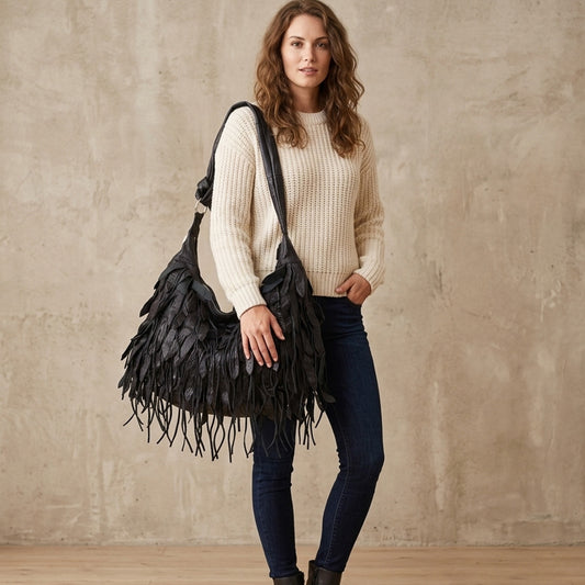 Genuine Sheepskin Leather Black Striped Fringe Hobo Bag for Women, New Arrival Soft Casual Shoulder Crossbody Purse, Stylish Designer Handbag