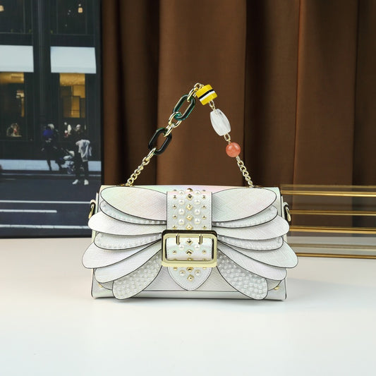 New Arrival Pearl Studded Wing Bag for Women, A Small Square Top-Handle Handbag with Acrylic Chain & Trendy Design, Perfect for Daily Style
