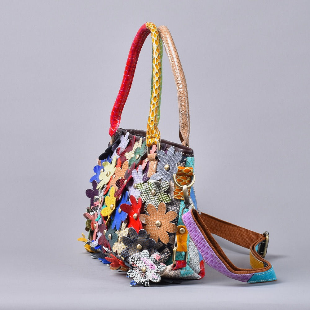 Premium Handcrafted Genuine Leather Bag for Women | Snakeskin Floral Color-Block Design with Trendy Rivet Accents | Unique Statement Shoulder Top-Handle Handbag with Artistic Flair | Versatile Purse for Work, Errands, Travel & Everyday Chic