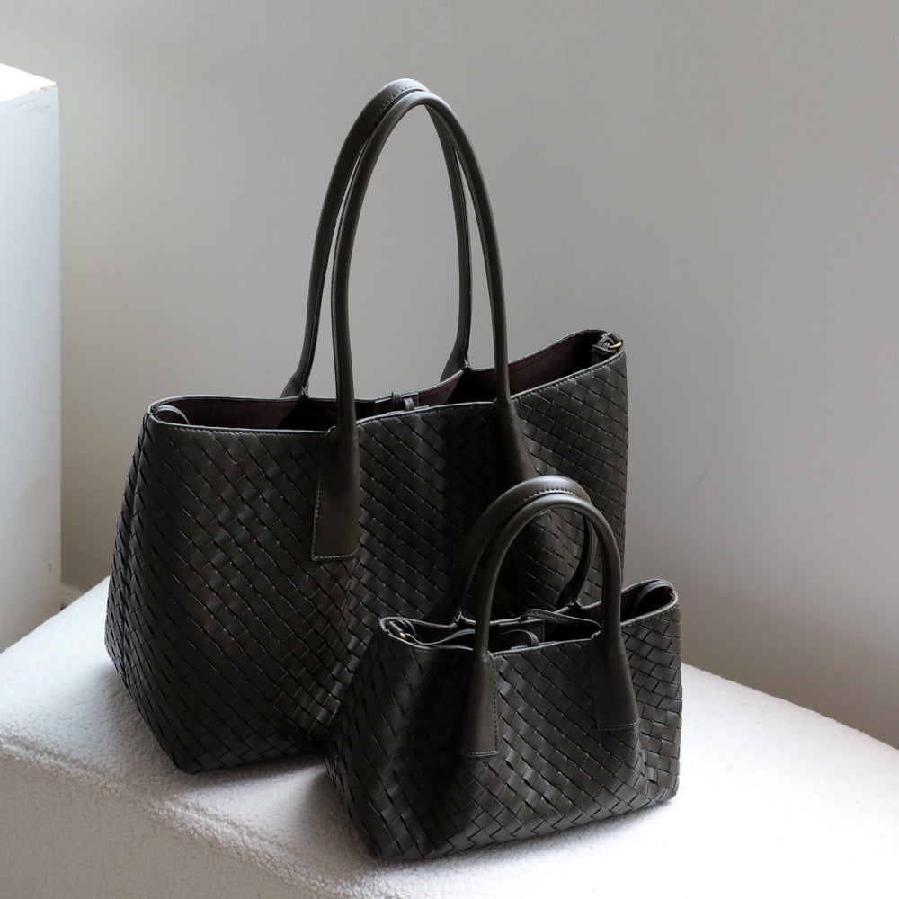 French Style Handwoven Cowhide Tote Bag for Women Premium Genuine Leather Shoulder Crossbody Handbag, Versatile Casual Purse with Artisan Craftsmanship