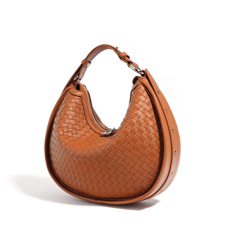 New Handwoven Crescent Bag in Genuine Leather, Large Capacity Commute Shoulder Crossbody Underarm Top Handle Purse, Stylish Handbag for Women