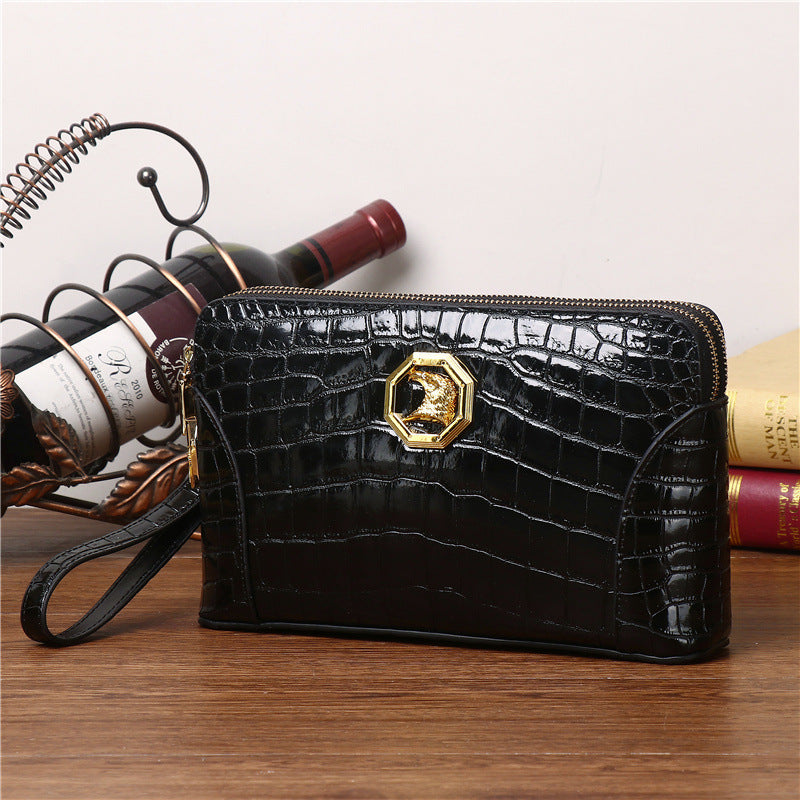 New Arrival Genuine Leather Croc-Effect Clutch Bag for Men, A Large Capacity Business Hand Grab Bag with Double-Zip & Combination Lock, Perfect for Travel & Work