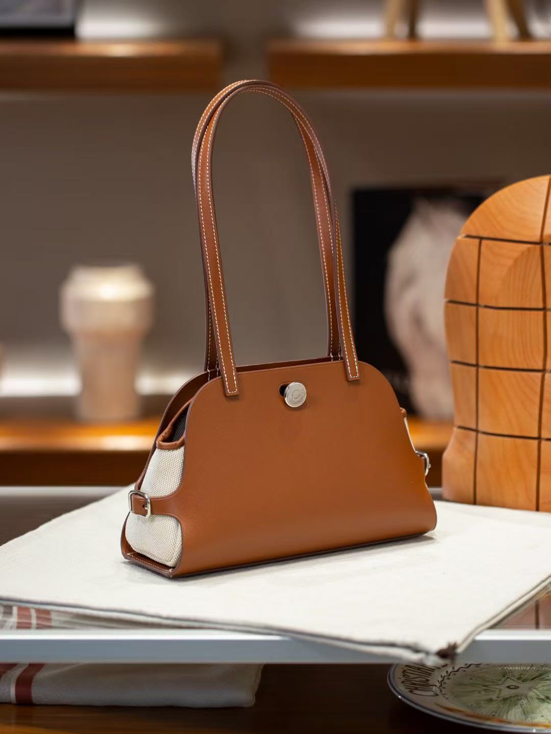Genuine Top Layer Calfskin Leather Bag for Women, Tabier Premium Shoulder Top Handle Purse with Leather Trim, Footed Studs, Logo Plaque, and Full Steel Hardware for Ladies