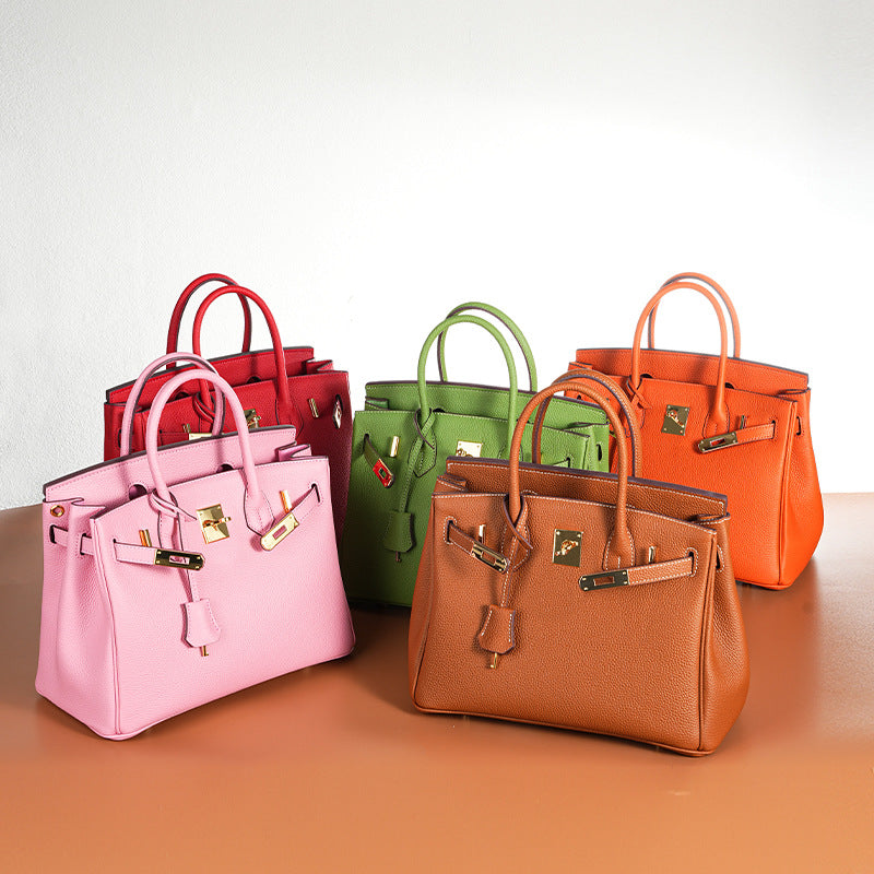 Handcrafted Waxed Thread Birkin-Inspired Tote Bag for Women, Top-Layer Pebbled Cowhide Leather with Elegant Turn-Lock Closure, Premium Everyday Handbag