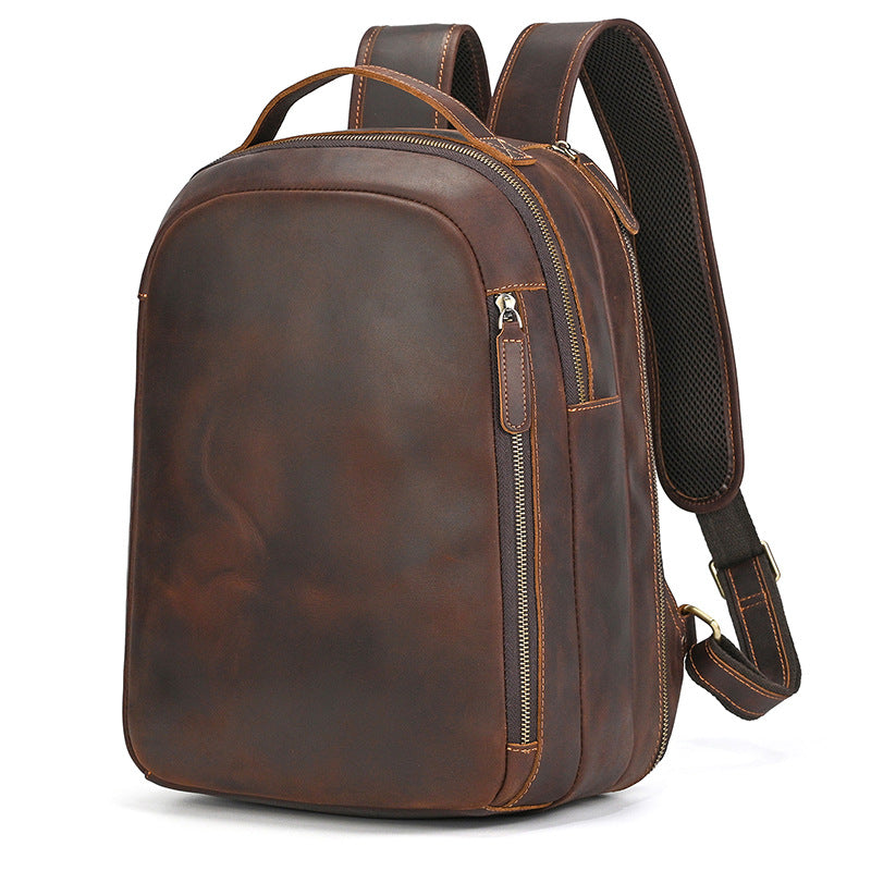 Men's Crazy Horse Leather Backpack Vintage Travel Daypack for Women Students, Genuine Leather Casual Rucksack Large Capacity