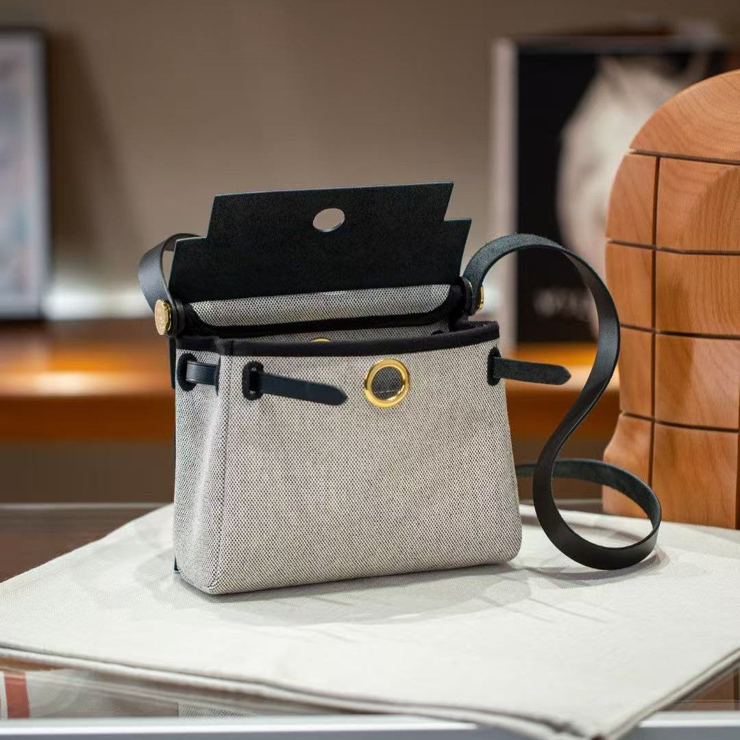 Genuine Cowhide & Canvas Mini Kelly-Style Herbag for Women, Internal Stitching Color Block Shoulder Crossbody Purse, Niche Commute Handbag for Ladies