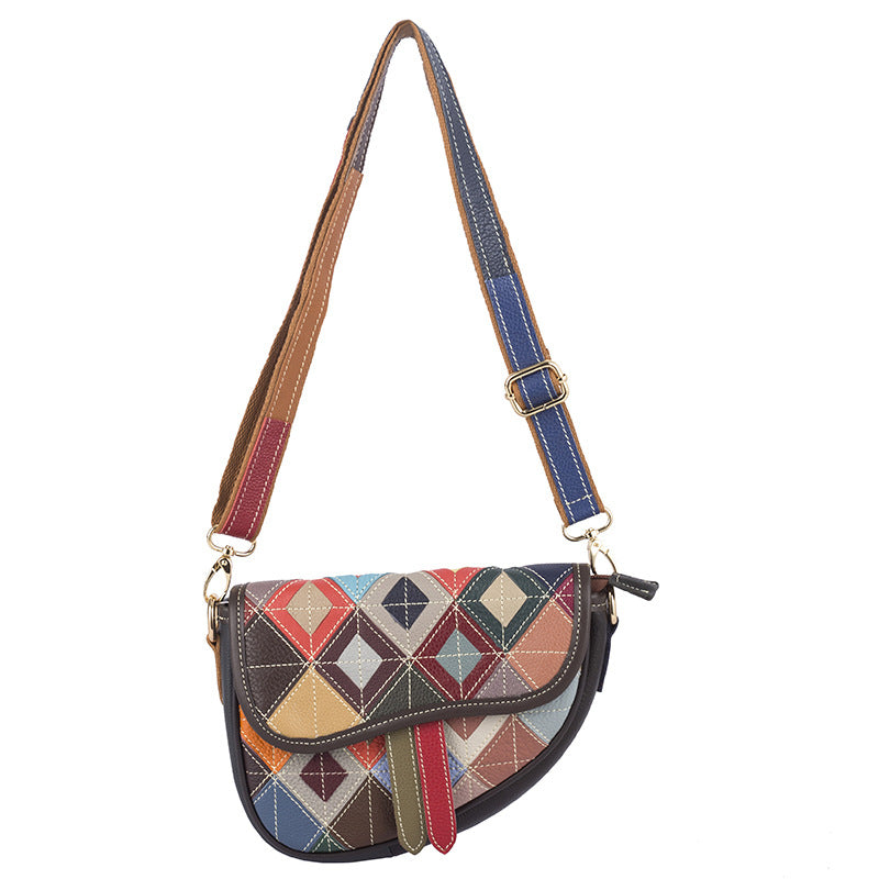 Genuine Cowhide Color Block Diamond Quilted Handbag for Women, Handmade Small Crossbody Shoulder Purse, Trendy Casual Bag for Ladies