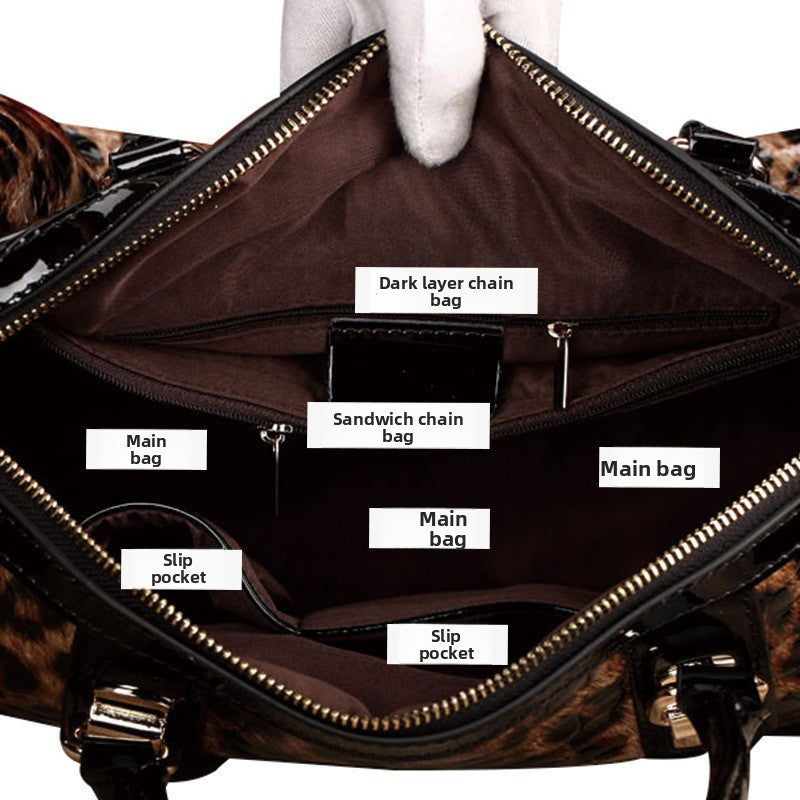 New Leopard Print Genuine Cowhide Leather Boston Bag, Large Capacity Top Handle Shoulder Purse, Stylish Handbag for Women