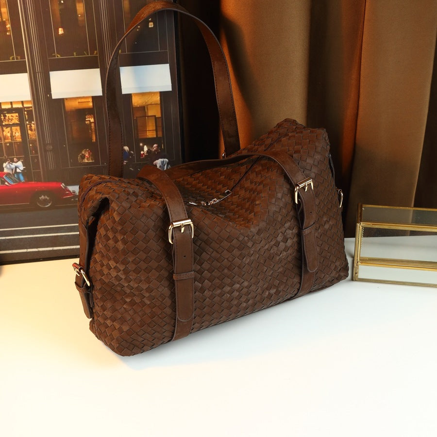 Woven Travel Tote Bag for Men and Women Large Capacity Shoulder Luggage Handbag, Coffee Brown Business Trip Purse with Versatile Design