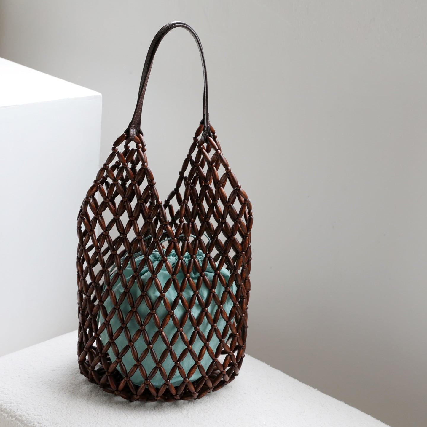 Wooden Bead Handwoven Underarm Bag for Women Cowhide Leather Shoulder Handbag, Artistic Resort Style Purse with Hollow Design