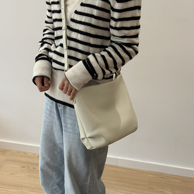 Genuine Top Layer Cowhide Bucket Bag for Women, New Spring Summer All-Season Versatile Shoulder Crossbody Top Handle Purse, Casual Commute Handbag for Ladies