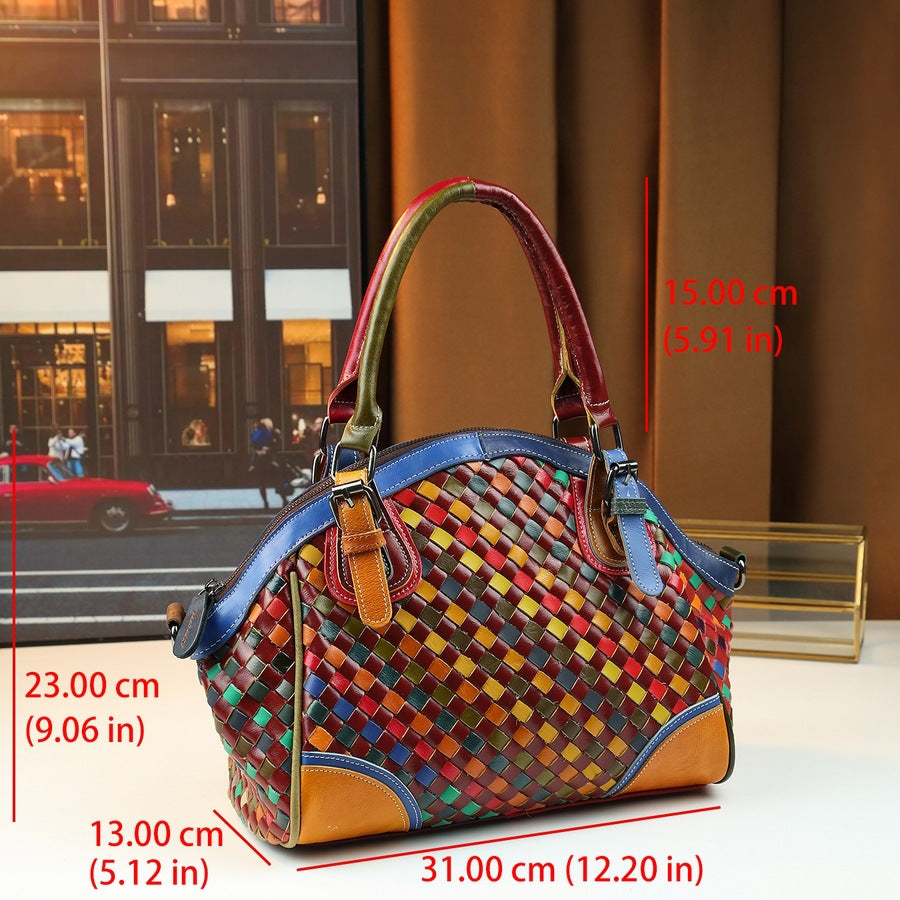 Woven Leather Shell Bag for Women Genuine Leather Large Capacity Top Handle Shoulder Crossbody Handbag, Versatile Everyday Purse with Artisan Weave Detail