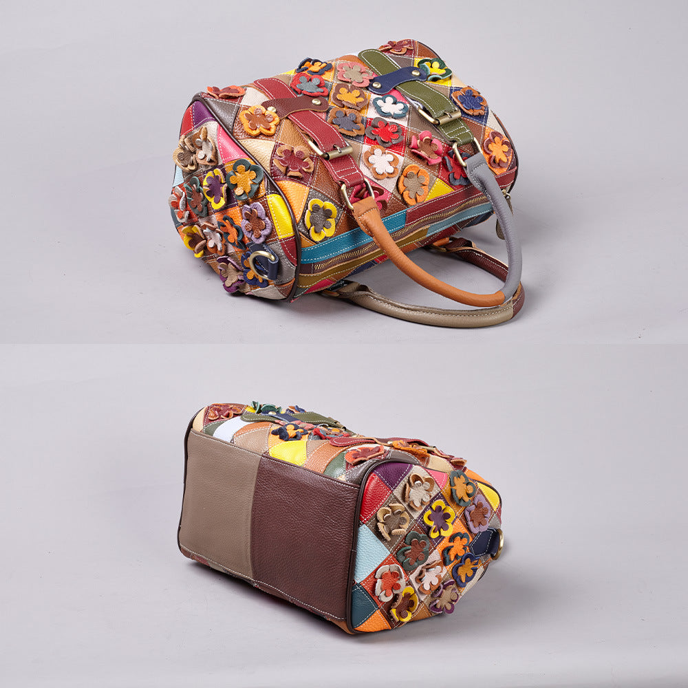Genuine Leather Vintage Multicolor Color Block Floral Patchwork Handbag for Women, European Style Handmade Shoulder Crossbody Top Handle Purse, Designer Bag for Ladies