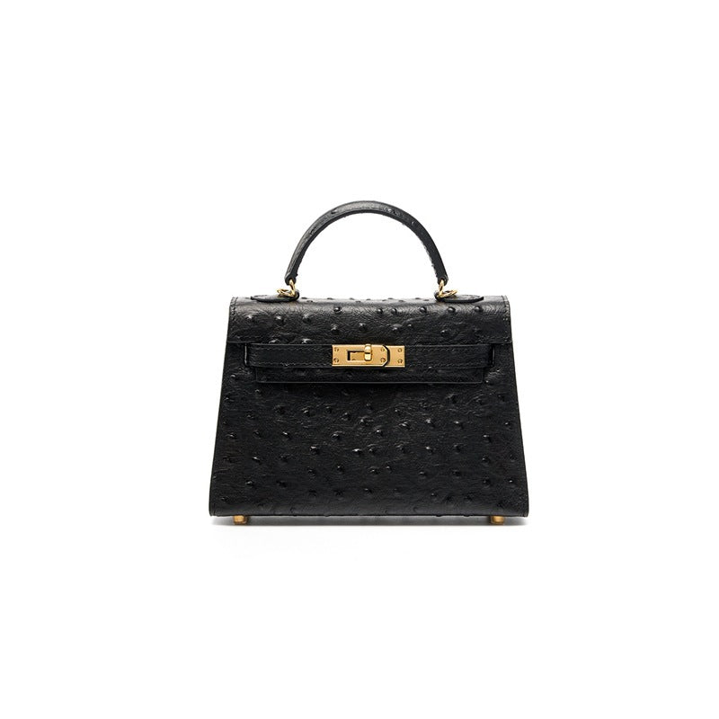 Women's Genuine Leather Handbag Shoulder Bag Top Layer Cowhide Kelly Style Crossbody Purse with Ostrich Embossed Texture