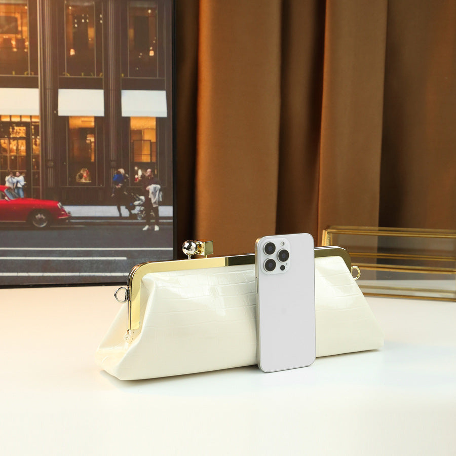 French Stone Grain Baguette Bag for Women Metal Clip Evening Shoulder Handbag, Large Capacity High-Fashion Purse with Elegant Texture