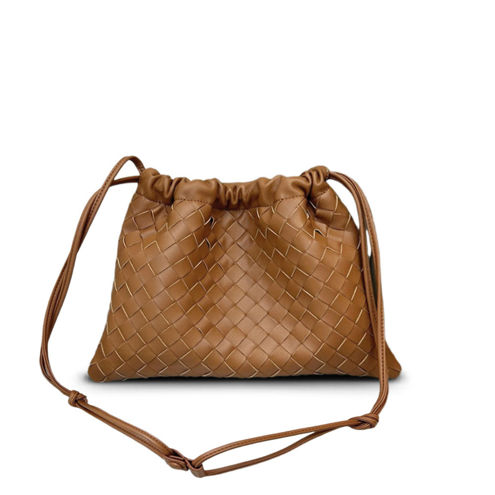 First layer cowhide leather woven bag, clutch bag, drawstring lucky bag, large capacity underarm shoulder bag, bag for women
