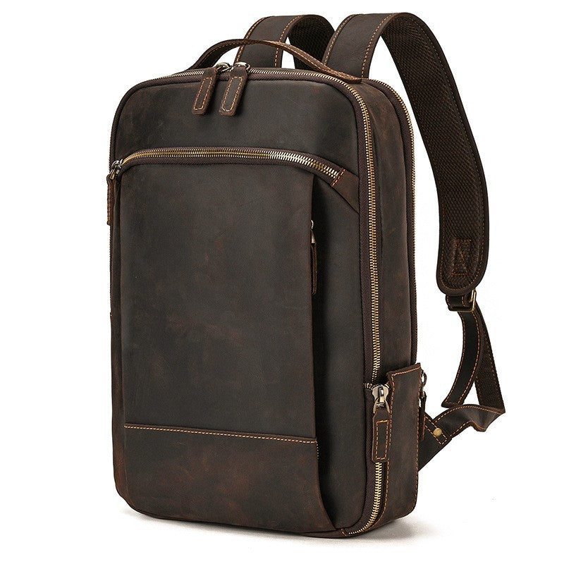 Men's Crazy Horse Leather Backpack Vintage Travel Daypack for Women Students, Genuine Leather Casual Rucksack Large Capacity
