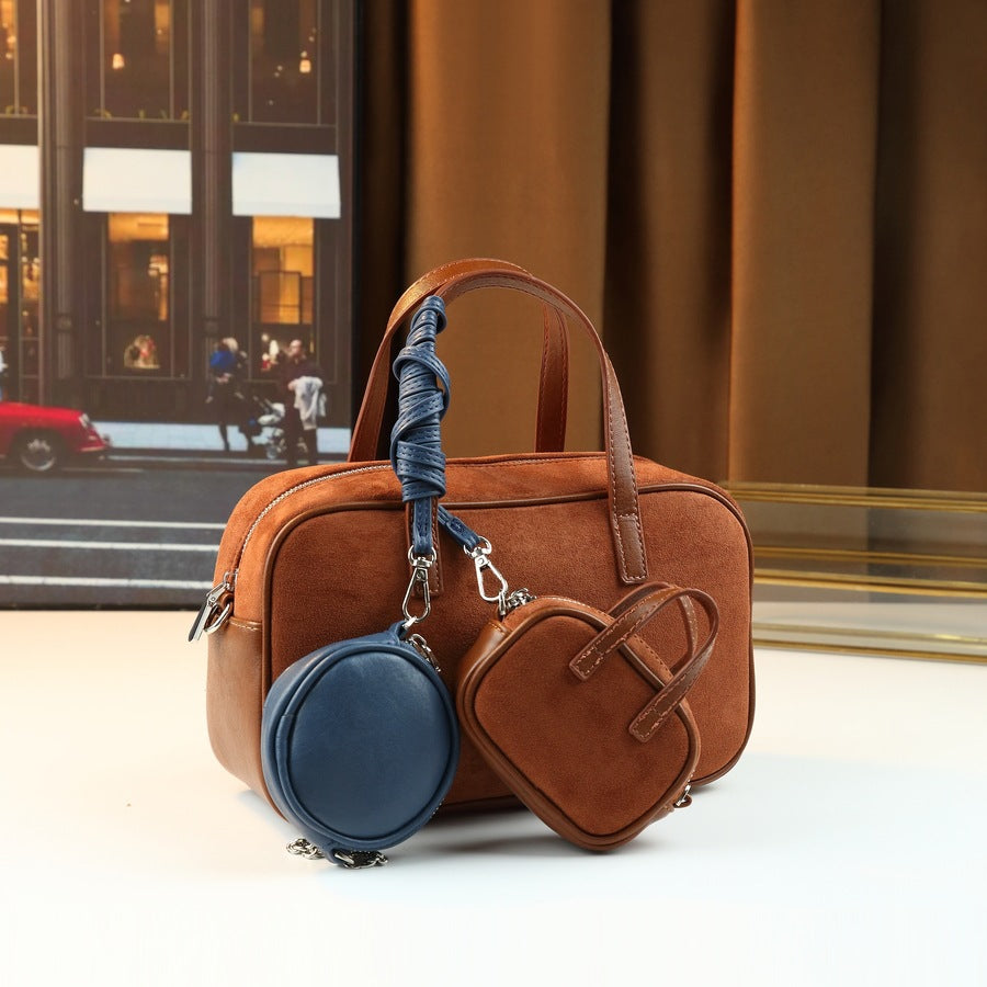 Suede Boston Tote Bag Set for Women Shoulder Crossbody Handbag with Detachable Sub-Bag, Niche Versatile Purse with Soft Texture