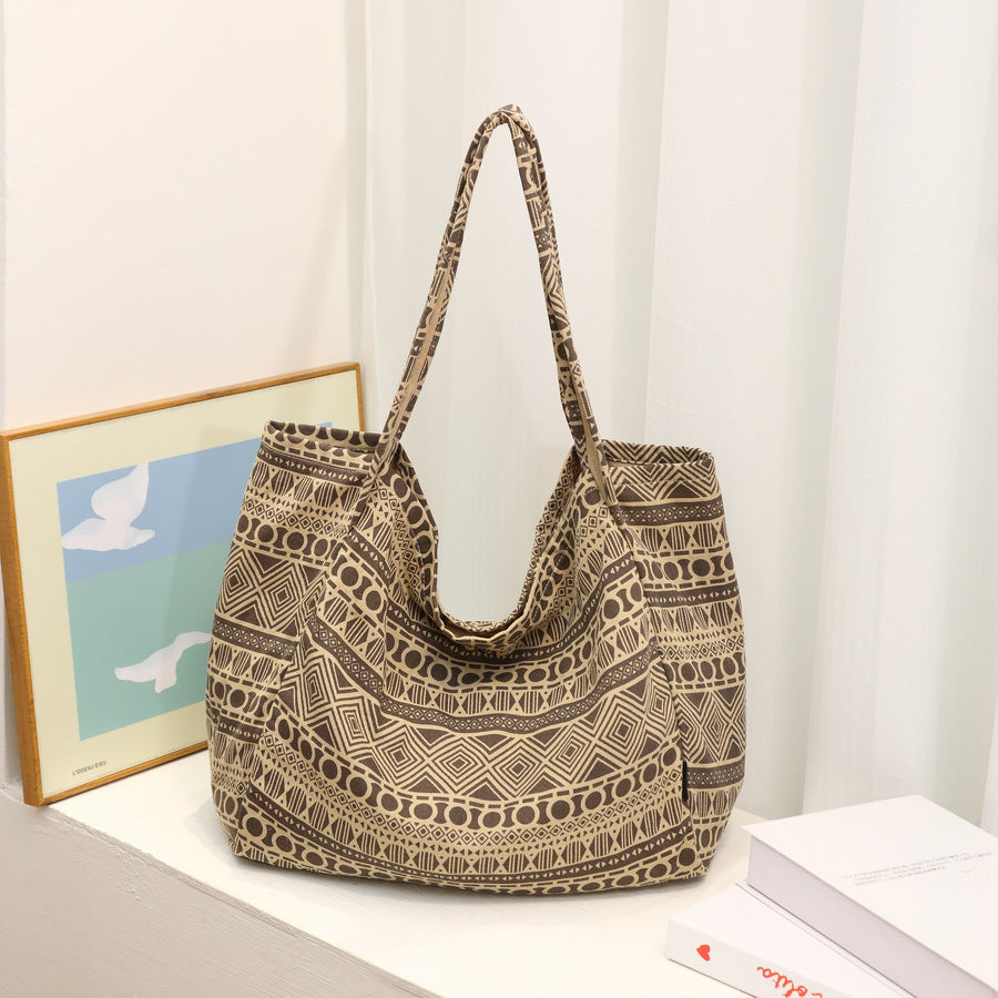 Summer Floral Print Canvas Tote Bag for Women Large Capacity Shoulder Purse, Casual Geometric Pattern Travel Handbag with Versatile Everyday Appeal