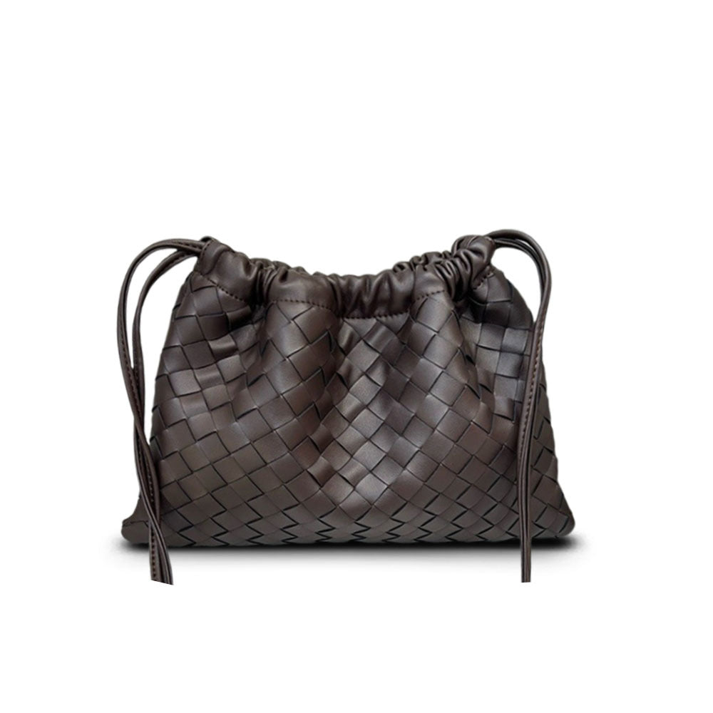 First layer cowhide leather woven bag, clutch bag, drawstring lucky bag, large capacity underarm shoulder bag, bag for women