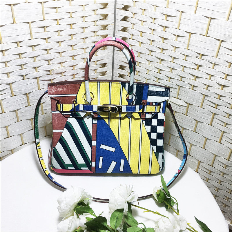 Genuine Leather Graffiti Print Birkin-Style Handbag for Women, New Casual Top Handle Shoulder Crossbody Purse, European Classic Trendy Tote Bag for Ladies