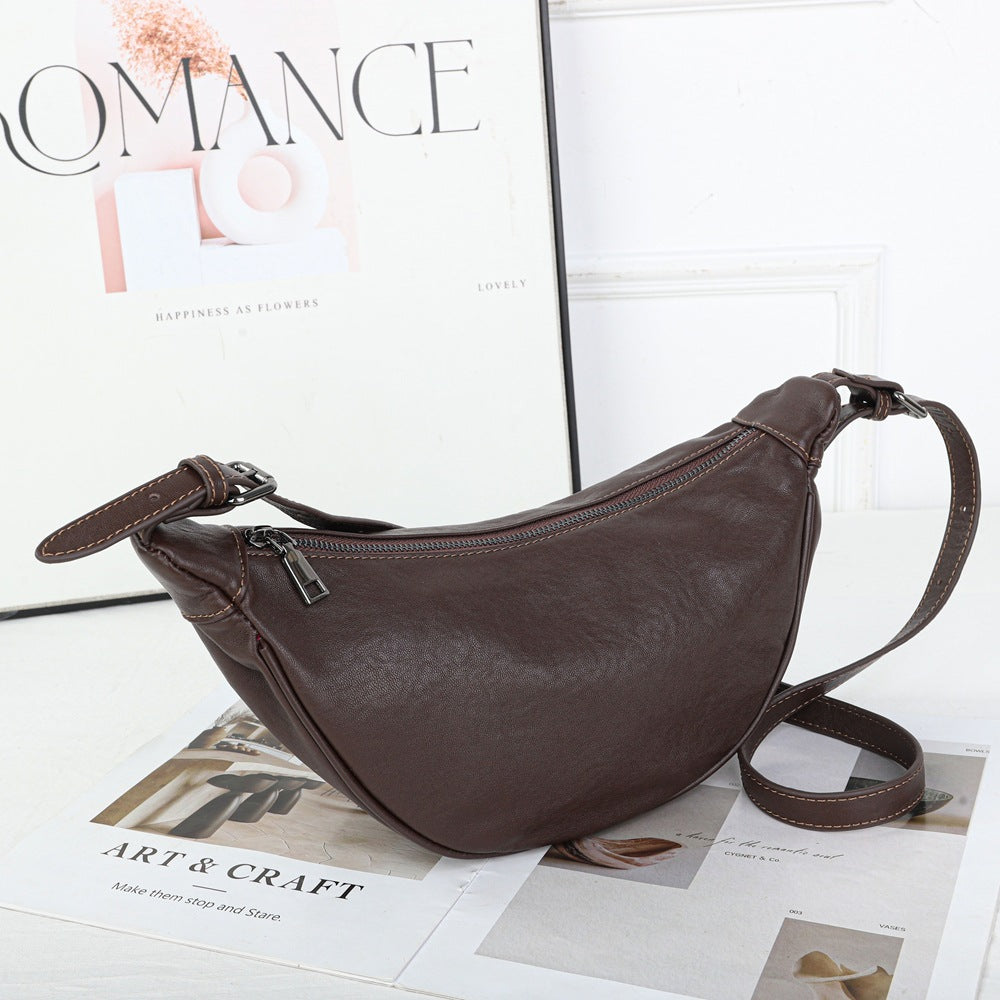 Genuine Top Layer Vegetable-Tanned Cowhide Dumpling Bag for Women, Vintage Fashionable Shoulder Crossbody Purse, Trendy Everyday Handbag for Ladies