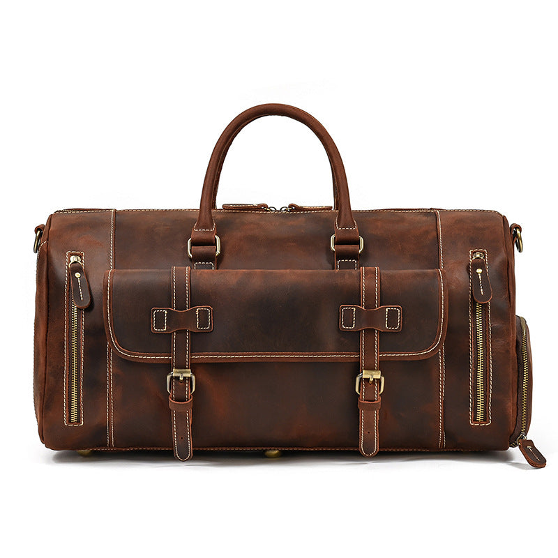 Large Capacity Crazy Horse Leather Travel Duffle with Shoe Compartment, Top Handle Shoulder Crossbody Luggage Bag for Men