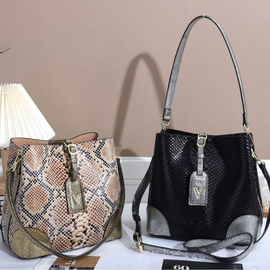 Snakeskin Embossed Bucket Bag for Women Fall Winter Shoulder Crossbody Handbag, Trendy Exotic Texture Purse with Versatile Style